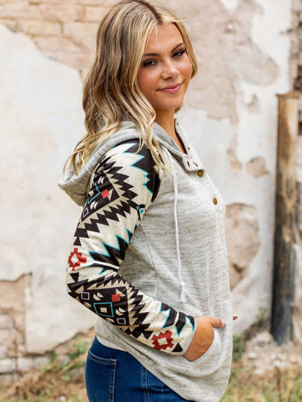 Bohemian Half Snap Collared Grey Pullover Aztec Trim Hoody Sweatshirt