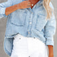 Bohemian Country Western Double Pocket Loose Light Blue Denim Top