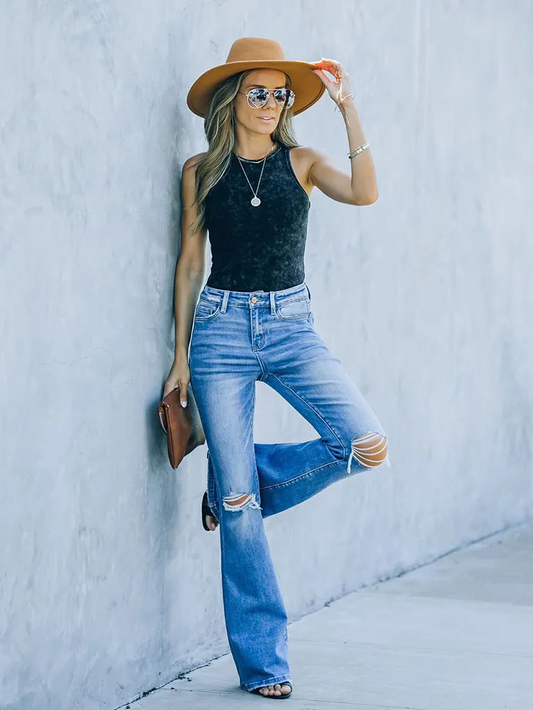 Women's High Waist Ripped Knee Hem Bootcut Jeans